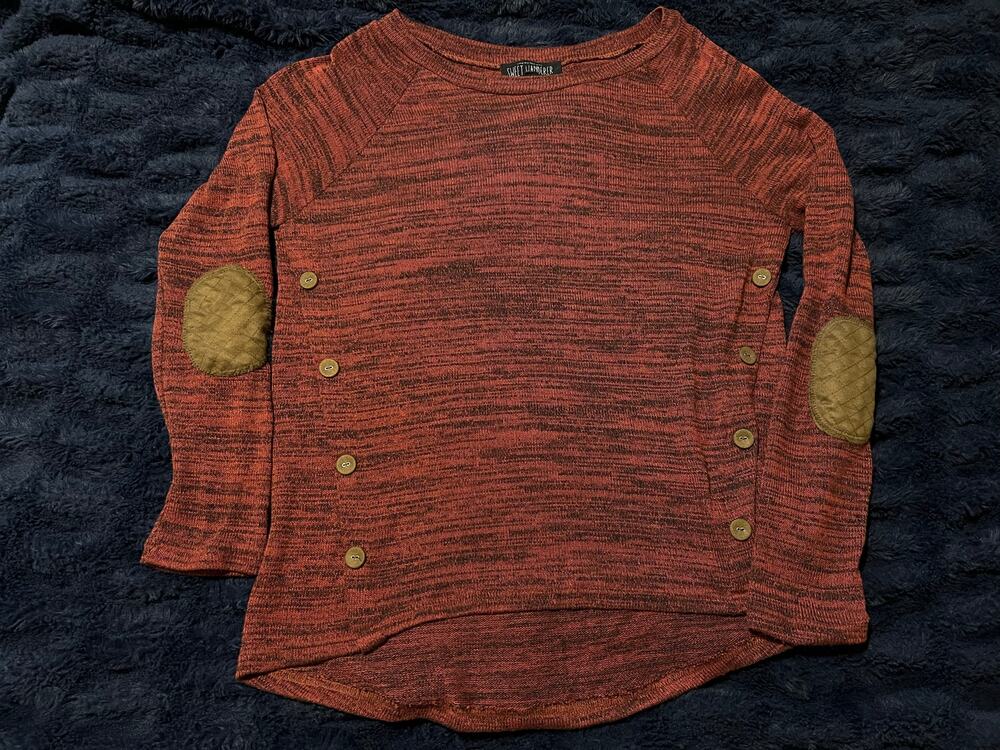 Sweet Wanderer Women’s Small Rust Brown Sweater Elbow Patches Button Hi Low